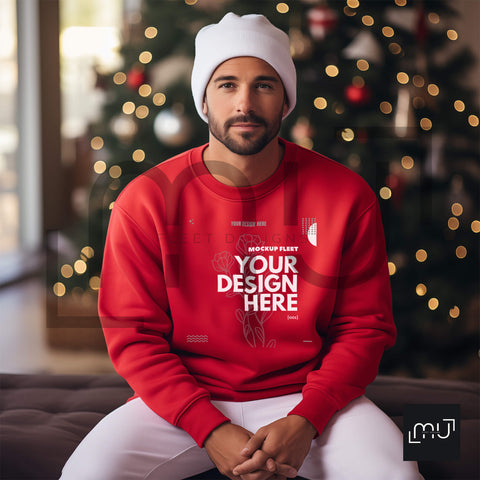 Gildan 18000 Red Sweatshirt Mockup 008 | Christmas Theme